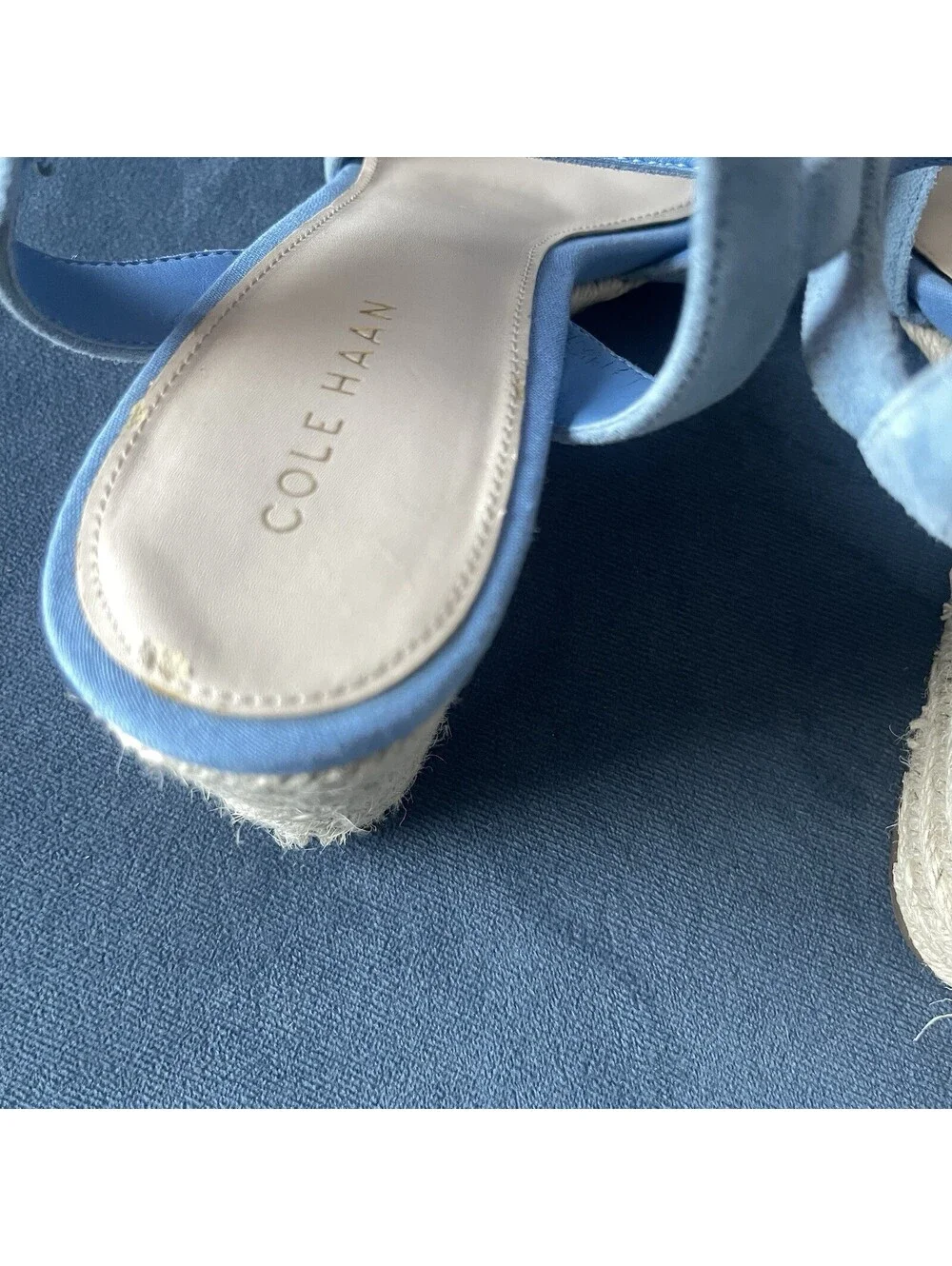 Cole Haan Woman's 6B Jasmine  Espadrille Wedge Blue Suede Gold 3” Heel Sandals